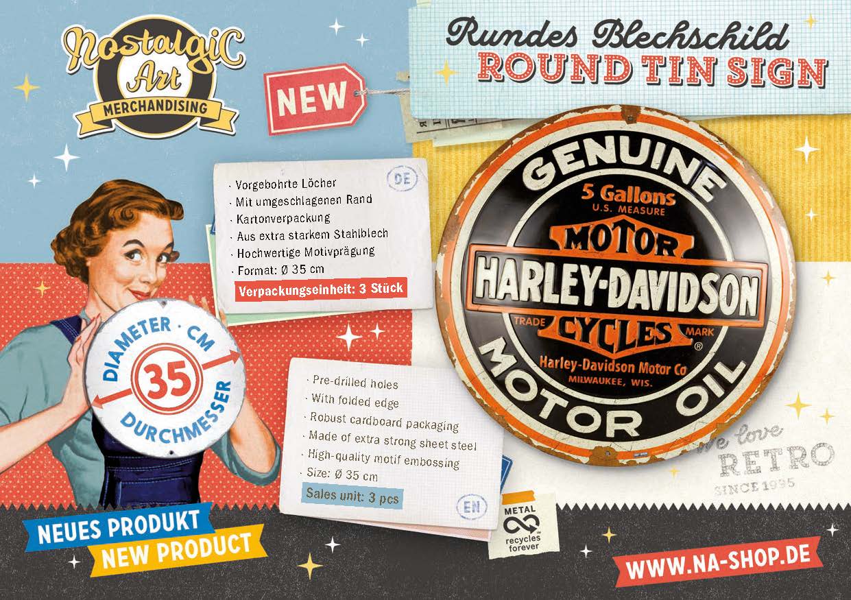 Nostalgic - Harley-Davidson ROUND tin sign - Genuine Motor Oil