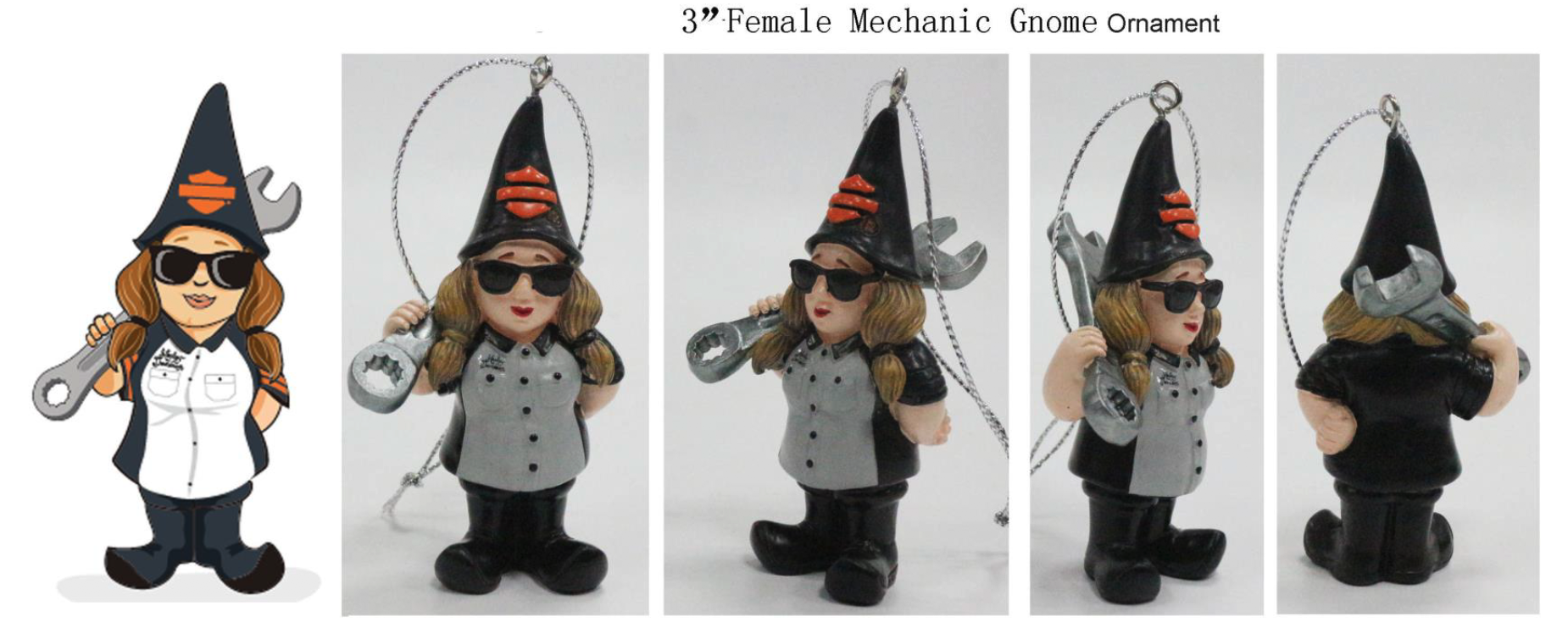 Evergreen Gnome Ornament, H-D Female Mechanic