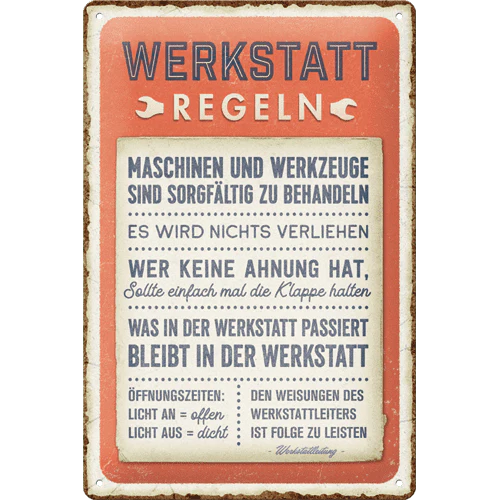 Nostalgic - Werkstattregeln - tin sign 20x30